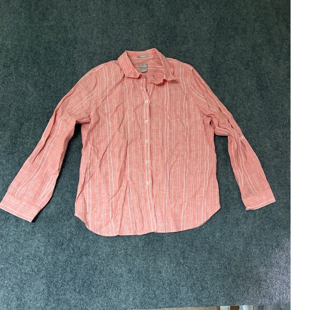 Chicos No Iron Linen Shirt Coral Pink White Striped Button Down Long Sleeve Sz 1